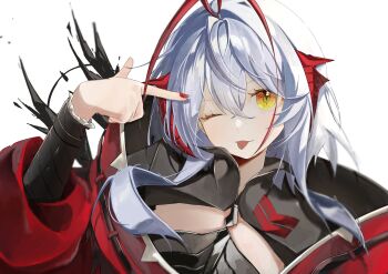 1girl :p absurdres antenna_hair arknights closed_mouth hair_between_eyes hand_up hashtag-only_commentary highres horns jacket long_hair looking_at_viewer miyabi_(inarizushi) multicolored_hair nail_polish one_eye_closed red_horns red_jacket red_nails red_streaks simple_background solo tongue tongue_out two-tone_hair upper_body w_(arknights) white_background white_hair wis&#039;adel_(arknights) yellow_eyes