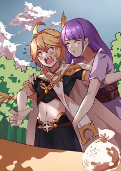 1boy 1girl aether_(genshin_impact) ahoge alternate_costume arms_up bag blonde_hair blue_sky blush braid breasts cleavage closed_eyes cloud cloudy_sky commentary_request couple crop_top day embarrassed floating_hair flying_sweatdrops friends genshin_impact hair_between_eyes hair_floating_upwards hair_ornament highres hug hug_from_behind hug_from_side huge_ahoge incoming_kiss japanese_clothes kimono large_breasts leaning_back leaning_forward long_braid long_hair looking_to_the_side looking_up miya_star_saa navel open_clothes orange_eyes outdoors primogem puckered_lips purple_kimono raiden_shogun red_sash sash scarf shade short_sleeves single_braid sky standing stomach surprised table teeth tree tree_shade upper_body upper_teeth_only wide-eyed