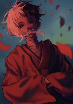 1boy asagiri_gen asymmetrical_hair black_eyes black_hair dr._stone falling_petals hands_in_opposite_sleeves haori heterochromia highres japanese_clothes kimono long_sleeves looking_at_viewer male_focus multicolored_hair petals purple_eyes red_kimono sei_yaaa shirt short_hair short_hair_with_long_locks single_sidelock solo split-color_hair two-tone_hair upper_body white_hair white_shirt wind