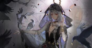 1girl absurdres animal_on_arm backlighting bandages bird bird_on_arm black_bird black_choker black_dress black_veil bracer braid breasts chest_tattoo choker cleavage crow dress grey_background grey_hair halo halo_behind_head hand_up highres holding holding_own_hair jiuxin_shaoyu_dokidoki lace-trimmed_veil lace_trim long_braid moon_phases multiple_views no_bra official_alternate_costume plunging_neckline red_eyes reverse:1999 semmelweis_(reverse:1999) semmelweis_(the_wax_and_wane_of_the_heart)_(reverse:1999) single_braid sleeveless sleeveless_dress solo_focus tattoo upper_body veil