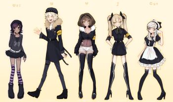 1boy 4girls armband asymmetrical_eyelashes beanie black_hat black_jacket boots cyn_(murder_drones) grey_hair hat high_heel_boots high_heels highres humanization j_(murder_drones) jacket looking_at_viewer lovelettechan multiple_girls murder_drones n_(murder_drones) open_mouth orange_armband pom_pom_(clothes) pom_pom_beanie purple_hair short_hair short_sleeves smile uzi_(murder_drones) v_(murder_drones) white_hair