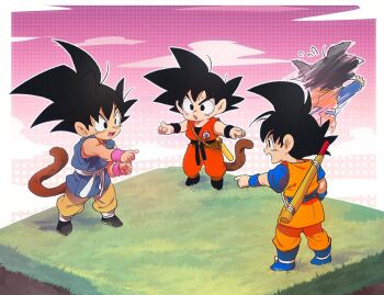 Rule 34 | 3boys, black hair, blue sash, crossover, dougi, dragon ball, dragon ball (classic), dragon ball daima, dragon ball gt, in-franchise crossover, look-alike, male focus, meme, monkey boy, monkey tail, multiple boys, multiple persona, ommmyoh, open mouth, pants, pointing, pointing at another, pointing spider-man (meme), saiyan, sash, son goku, son goten, spiked hair, tail, twitter username, yellow pants