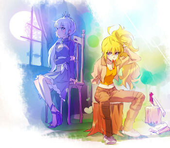 2girls amputee axe blonde_hair blue_dress brown_jacket brown_pants chair commentary_request dress hair_tie_in_mouth hand_on_own_arm highres holding holding_own_hair iesupa jacket long_hair long_sleeves mouth_hold multiple_girls on_tree_stump open_clothes open_jacket orange_shirt pants rwby shirt sitting spoilers weapon weiss_schnee white_hair window yang_xiao_long