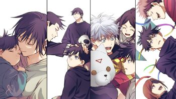 3girls 5boys ^_^ aged_down black_hair box brown_eyes brown_hair closed_eyes commentary eyepatch facial_hair fushiguro_megumi fushiguro_touji fushiguro_tsumiki gift gift_box gojou_satoru hand_on_another&#039;s_head hashtag-only_commentary highres holding holding_gift hood hoodie itadori_yuuji jujutsu_kaisen jujutsu_tech_uniform kugisaki_nobara megumi&#039;s_mother_(jujutsu_kaisen) mother_and_son multiple_boys multiple_girls mustache niina_1oo9 open_mouth pink_hair ponytail shiu_kong sidelocks signature simple_background smile spiked_hair swept_bangs symbol-only_commentary white_background white_hair