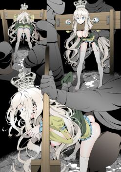 1girl 2boys anus bar_censor bdsm bent_over blue_eyes blue_trim bondage bound breasts breasts_out censored character_request clothes_lift copyright_request crown cum cum_in_pussy cumdrip dress dress_lift emotionless_sex expressionless female_focus from_behind from_side green_dress grey_hair hanging_breasts kurai_nao medium_breasts multiple_boys multiple_views nipples no_bra no_panties no_panties original pale_skin pillory public_use pussy rape restrained sex sex_from_behind simple_background standing standing_sex thighhighs two-tone_dress waist_grab white_thighhighs yellow_dress