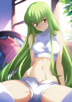 1girl bare_shoulders breasts c.c. code_geass green_hair highres long_hair looking_at_viewer medium_breasts midriff navel shorts sitting solo spread_legs thighhighs white_thighhighs yellow_eyes yu-ta
