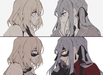 2girls absurdres bang_dream! bang_dream!_it&#039;s_mygo!!!!! black_mask black_ribbon blonde_hair blue_hair braid cheschorv commentary doloris_(bang_dream!) earrings english_commentary grey_jacket hair_ribbon haneoka_school_uniform highres jacket jewelry long_hair medium_hair misumi_uika multiple_girls oblivionis_(bang_dream!) open_mouth purple_eyes ribbon school_uniform sidelocks simple_background togawa_sakiko unfinished upper_body white_background yuri