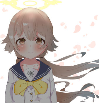 1girl black_sailor_collar blue_archive blush bow brown_eyes brown_hair cardigan closed_mouth collarbone commentary_request floating_hair halo hifumi_(blue_archive) highres long_hair looking_at_viewer low_twintails min_min_minoru petals sailor_collar school_uniform serafuku shirt simple_background smile solo twintails upper_body very_long_hair white_background white_cardigan white_shirt yellow_bow