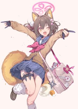1girl ;d absurdres animal_ear_fluff animal_ears bag black_gloves black_shoes blue_archive bow bowtie breasts brown_hair brown_serafuku chinese_commentary commentary_request double_fox_shadow_puppet foot_out_of_frame fox_ears fox_girl fox_shadow_puppet fox_tail gloves hair_between_eyes hair_ornament halo highres izuna_(blue_archive) kunai loose_socks one_eye_closed one_side_up open_mouth partially_fingerless_gloves pink_bow pink_halo pleated_skirt sailor_collar school_uniform serafuku shoes shoulder_bag simple_background skirt small_breasts smile socks solo tail thigh_strap weapon yellow_eyes youguo_naberu