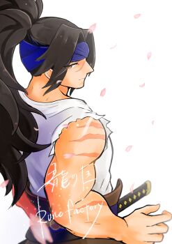 1boy absurdres blue_headband brown_hair commentary_request headband high_ponytail highres japanese_clothes long_hair looking_at_viewer male_focus mugi_gol murasame_(rune_factory) muscular muscular_male pants ponytail purple_pants rune_factory rune_factory:_guardians_of_azuma scar scar_on_face scar_on_nose scar_on_shoulder