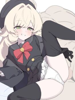 1boy 1girl beret black_gloves black_sailor_collar black_serafuku black_shirt black_skirt black_thighhighs blonde_hair blue_archive blush bow bowtie clothed_female_nude_male gloves green_eyes grin halo hat hetero jacket keke_(user_djyu7823) loli long_hair long_sleeves nude panties pleated_skirt professor_niyaniya_(blue_archive) red_bow red_bowtie sailor_collar school_uniform serafuku shirt simple_background skirt smile thighhighs underwear webp-to-png_conversion white_background white_panties