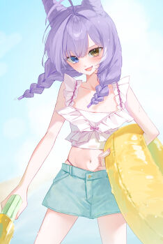 1girl absurdres ahoge blue_eyes blush braid braided_twintails brown_eyes chacha_(chacha0) cone_hair_bun cowboy_shot crop_top cropped_shirt denim denim_shorts double_bun fang frilled_shirt frills hair_bun hair_intakes hashtag-only_commentary hetero highres holding holding_swim_ring holding_water_gun innertube legs_apart long_hair midriff miniskirt navel open_mouth panty_straps parted_bangs purple_hair shirt shorts skirt sleeveless sleeveless_shirt smile solo standing stellive swim_ring tenko_shibuki twin_braids virtual_youtuber water_gun white_shirt