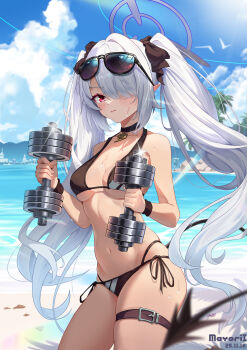 absurdres artist_name beach bikini black_bikini black_choker black_tail blue_archive blue_sky choker dark-skinned_female dark_skin dated demon_tail dumbbell eyewear_on_head grey_hair hair_over_one_eye halo highres holding holding_dumbbell iori_(blue_archive) iori_(swimsuit)_(blue_archive) long_hair looking_at_viewer mayoril multi-strapped_bikini_bottom official_alternate_costume pointy_ears pout purple_halo side-tie_bikini_bottom sky string_bikini sunglasses swimsuit tail thigh_strap twintails
