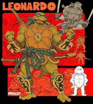 &gt;_&lt; 1boy arm_blade arm_guards aten_man barefoot blue_mask character_name clenched_hands colored_skin dual_wielding eye_mask fewer_digits frown full_body green_skin highres holding holding_sword holding_weapon katana leonardo_(tmnt) male_focus mask multiple_views muscular muscular_male ninja open_mouth red_background redesign shin_guards single_letter smile sword tail teenage_mutant_ninja_turtles turtle_boy turtle_shell v-shaped_eyebrows weapon