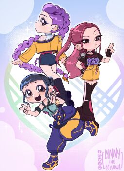 Rule 34 | absurdres, black choker, black hair, black shirt, blush, boots, bracelet, braid, choker, ear piercing, earrings, fingerless gloves, fringe trim, from behind, gloves, highres, jacket, jewelry, knee boots, kpop demon hunters, long braid, long hair, looking back, lynnytheyellow1, makeup, mira (kpop demon hunters), piercing, pink hair, purple hair, ring, rumi (kpop demon hunters), shirt, short shorts, shorts, sidelocks, single braid, sleeveless, smile, strapless, t-shirt, thigh boots, turtleneck, twintails, very long hair, yellow jacket, zoey (kpop demon hunters)