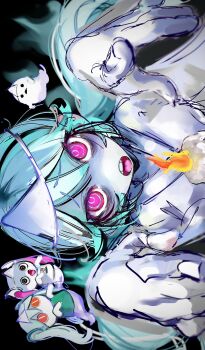 Rule 34 | 1girl, absurdres, aimaina, bad id, bad twitter id, candle, colored skin, fire, ghost, ghost pose, hands up, hatsune miku, highres, japanese clothes, kimono, long hair, looking at viewer, nept o, obake no ukenerai (vocaloid), open mouth, pink eyes, shiroshouzoku, sideways, solo, triangular headpiece, twintails, upper body, vocaloid