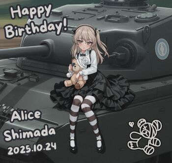1girl aadka5 black_bow black_bowtie black_pantyhose black_ribbon black_shoes black_skirt bow bowtie brown_eyes brown_hair centurion_(tank) character_name commentary commentary_request dated emblem english_commentary english_text frilled_skirt frills full_body girls_und_panzer hair_ribbon happy_birthday high-waist_skirt holding holding_stuffed_toy long_hair long_skirt long_sleeves looking_at_viewer mary_janes military_vehicle mixed-language_commentary motor_vehicle on_tank one_side_up outdoors pantyhose ribbon selection_university_(emblem) shimada_arisu shirt shoes sitting skirt solo striped_clothes striped_pantyhose stuffed_animal stuffed_toy suspender_skirt suspenders tank teddy_bear white_pantyhose wing_collar