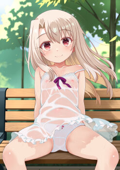 1girl bare_shoulders bench blush breasts camisole closed_mouth covered_erect_nipples covered_navel dress exhibitionism fate/kaleid_liner_prisma_illya fate_(series) flat_chest highres illyasviel_von_einzbern loli long_hair looking_at_viewer outdoors panties park park_bench public_indecency public_nudity red_eyes see-through_clothes sidelocks sitting small_breasts smile solo spread_legs underwear usayaki_soba wet wet_clothes wet_dress wet_panties white_camisole white_hair white_panties