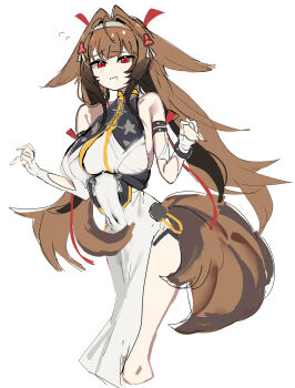 1girl absurdres animal_ear_fluff animal_ears armlet bare_shoulders blush breasts brown_hair brown_tail china_dress chinese_clothes clover clover_hair_ornament commentary_request covered_navel cropped_legs dress droopy_ears flying_sweatdrops hair_ornament hairband highres jewelry large_breasts long_hair looking_at_viewer massivedoontwei metal_bracelet parted_lips red_eyes silver_armlet simple_background sketch solo tail very_long_hair white_background white_hairband ye_shunguang zenless_zone_zero