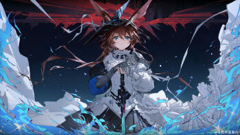 Rule 34 | 1girl, absurdres, amiya (arknights), amiya (guard) (arknights), amiya (guard) (in a myriad of universes) (arknights), animal ears, arknights, bansibuhuo yu pian, black skirt, blue eyes, blue fire, blue sky, brown hair, commentary, cowboy shot, dress, expressionless, fire, floating hair, frills, gauntlets, hair between eyes, hair ornament, highres, holding, holding sword, holding weapon, incredibly absurdres, infection monitor (arknights), jewelry, long hair, long sleeves, looking at viewer, multiple rings, night, official alternate costume, puffy long sleeves, puffy sleeves, rabbit ears, rabbit girl, ring, single gauntlet, skirt, sky, solo, star (sky), straight-on, sword, weapon, white dress