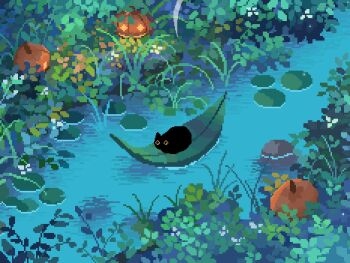 animated animated_gif black_cat breathing cat curled_up decomposedmaw floating ghost ghost_tail glowing_motes grass halloween happy_halloween jack-o&#039;-lantern leaf lily_pad night o_o original outdoors partially_submerged pixel_art pixelated pond pumpkin reeds ripples rock simple_fish yawning