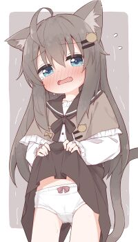 1girl ahoge animal_ear_fluff animal_ears biachan_(colon_br) blue_eyes blush border borrowed_character bow bow_panties brown_background brown_capelet brown_hair brown_ribbon brown_sailor_collar brown_tail buttons cameltoe capelet cat_ears cat_girl cat_hair_ornament cat_tail clothes_grab clothes_lift collarbone cowboy_shot embarrassed fang flat_chest flying_sweatdrops frilled_capelet frilled_shirt_collar frilled_sleeves frills hair_between_eyes hair_ornament hairpin highres legs_apart lifting_own_clothes loli long_hair long_sleeves looking_ahead md5_mismatch nose_blush open_mouth original panties ribbon sailor_collar shirt skirt skirt_grab skirt_lift sleeves_past_wrists solo standing sweat tail tail_raised tearing_up trembling underwear wavy_mouth webp-to-png_conversion white_border white_panties white_shirt yuune_(ayanepuna)