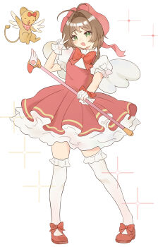 1girl absurdres angel_wings antenna_hair beret bow bowtie brown_hair cardcaptor_sakura child chinese_commentary commentary_request dot_nose dress eyelashes ferret footwear_bow frilled_gloves frilled_sleeves frilled_thighhighs frills full_body gloves green_eyes hair_bow hair_intakes happy hat hat_ribbon highres holding holding_wand kero_(cardcaptor_sakura) kinomoto_sakura light_blush looking_at_viewer magical_girl mary_janes open_mouth pink_dress pink_hat pink_ribbon pink_scarf plaid_clothes plaid_scarf puffy_short_sleeves puffy_sleeves red_bow red_bowtie red_shoes ribbon scarf shirt shirt_under_dress shoes short_dress short_hair_with_long_locks short_sleeves simple_background single_sidelock sleeve_bow smile sparkle standing thighhighs tsurime v wand white_background white_bow white_gloves white_shirt white_thighhighs white_wings winged_animal wings wrist_bow yonghu230350137 zettai_ryouiki