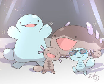 clodsire closed_eyes closed_mouth gen_2_pokemon highres kawachi_(hina) looking_at_viewer nintendo no_humans open_mouth paldean_wooper pokemon pokemon_(creature) pokemon_focus quagsire smile spikes stage sunglasses tail wooper