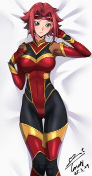 1girl absurdres artist_name blue_eyes bodysuit breasts code_geass collarbone dakimakura_(medium) dated female_focus headband highres kouzuki_kallen large_breasts looking_at_viewer lying medium_hair on_back parted_bangs red_hair red_headband variant_set yoo_tenchi