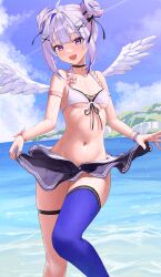 Rule 34 | 1girl, absurdres, ahoge, alternate costume, alternate hairstyle, amane kanata, angel wings, bare shoulders, bikini, bikini top only, black choker, blue eyes, blue hair, blue sky, blue thighhighs, blush, bracelet, breasts, choker, cloud, cloudy sky, collarbone, commentary request, dark blue hair, day, double bun, feathered wings, hair bun, hair ornament, highres, hololive, jewelry, looking at viewer, multicolored hair, navel, ocean, open mouth, orange hair, outdoors, single thighhigh, skirt hold, sky, small breasts, smile, solo, stomach, streaked hair, swimsuit, thigh strap, thighhighs, virtual youtuber, wet, white bikini, white wings, wings, x hair ornament, zetacat