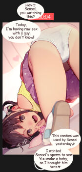 1girl brown_hair condom english_text highres holding holding_condom loli muk_(monsieur) netorare open_mouth purple_skirt shoes skirt speech_bubble tiny_evil top-down_bottom-up translated yuu_(tiny_evil)