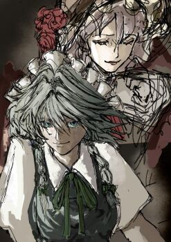 2girls absurdres alternate_costume ascot blue_dress blue_eyes bow closed_eyes closed_mouth colored_eyelashes commentary_request dress eyeshadow flower green_ascot green_bow hair_bow hat highres izayoi_sakuya lipstick maid_headdress makeup multiple_girls multiple_hair_bows purple_hair remilia_scarlet ribbon rose short_hair short_sleeves touhou user_gnuh3388 white_hat wings