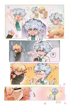 2boys ? animal_ears antenna_hair aqua_shirt blonde_hair blue_eyes blush braid coat collared_shirt commentary dog_ears dog_tail facial_tattoo gradient_hair highres honkai:_star_rail honkai_(series) maiikun male_focus medium_hair multicolored_hair multiple_boys mydei_(chrysos_chef)_(honkai:_star_rail) mydei_(honkai:_star_rail) nervous_sweating official_alternate_costume open_clothes open_shirt parted_bangs phainon_(chrysos_chef)_(honkai:_star_rail) phainon_(honkai:_star_rail) red_hair red_tattoo shirt short_hair side_braid spoken_squiggle squiggle sweat symbol-only_commentary tail tail_wagging tattoo tears white_coat white_hair white_shirt yaoi yellow_eyes