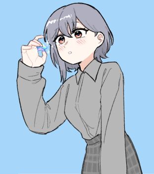 1girl baiyupiao bang_dream! bang_dream!_girls_band_party! bang_dream!_it's_mygo!!!!! blue_background blush brown_eyes dress_shirt gameplay_mechanics grey_hair grey_shirt long_sleeves open_mouth shirt short_hair simple_background solo takamatsu_tomori