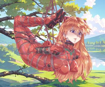 1girl absurdres arched_back arms_behind_back ass bdsm blue_eyes bodysuit bondage bound bound_ankles bound_arms bound_calves bound_legs bound_torso bound_wrists box_tie breasts collar commentary_request female_focus highres hogtie lake leveen long_hair mecha_pilot_suit medium_breasts mountainous_horizon nature neon_genesis_evangelion orange_hair outdoors plugsuit_(evangelion) red_bodysuit restrained rope second-party_source shibari shibari_over_clothes slave sleeves_rolled_up solo souryuu_asuka_langley suspension variant_set