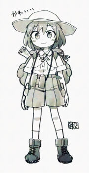 Rule 34 | 1boy, backpack, bag, binoculars, blush, boots, breast pocket, budding expeditioner (pokemon), chichibu (watson), closed mouth, collared shirt, commentary request, full body, hat, looking at viewer, male focus, medium hair, monochrome, nintendo, pocket, pokemon, pokemon tcg, pokemon tcg pocket, scroll, shirt, short sleeves, shorts, signature, smile, socks, solo, standing