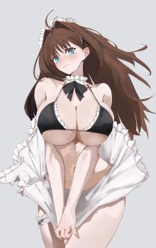 1girl absurdres aozaki_aoko apron bare_shoulders bikini black_bikini blue_eyes blush breasts brown_hair cleavage collar detached_collar frilled_collar frills hair_intakes highres large_breasts long_hair looking_at_viewer mahou_tsukai_no_yoru maid_headdress navel revision s4ika sidelocks solo swimsuit thighs waist_apron white_apron wind wind_lift