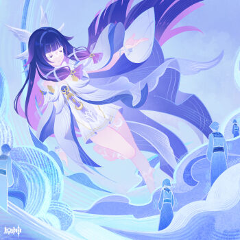 1girl absurdres bare_legs barefoot black_hair blunt_bangs closed_eyes colored_inner_hair columbina_(genshin_impact) commentary_request dress genshin_impact hair_ornament hair_ribbon head_wings highres long_hair multicolored_hair multiple_wings official_art ribbon short_dress sky star_(sky) starry_sky white_dress wing_hair_ornament wings
