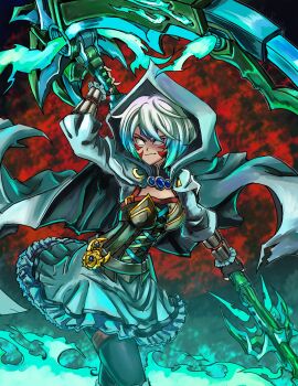 alternate_costume alternate_hair_color armor armored_corset aura blue_gemstone blue_hair breastplate breasts corruption corset crescent crossover dark_persona dress facial_tattoo fierce_deity fingerless_gloves fire gem gloves green_hair highres holding holding_scythe holding_weapon hood hoodie looking_at_viewer medium_breasts multicolored_hair nintendo no_pupils pantyhose possessed possession red_background ruby_rose rwby scythe skin_tight stoic_seraphim tattoo the_legend_of_zelda the_legend_of_zelda:_majora's_mask triangle weapon white_hair wrist_guards