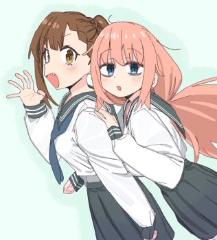 2girls absurdres blue_eyes breasts brown_eyes brown_hair highres kotobuki_hisako long_hair michinoku_komaro multiple_girls open_mouth school_uniform seitokai_ni_mo_ana_wa_aru! skirt yana_(muuimiingan)