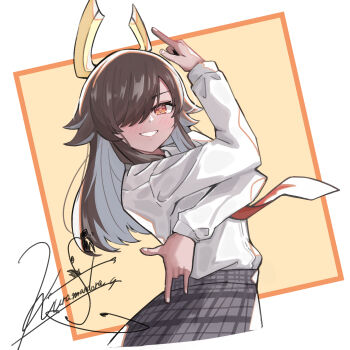 Rule 34 | 1girl, black skirt, brown hair, clenched teeth, commentary request, cropped torso, dark-skinned female, dark skin, dragon musume ni naritakunai!, duel masters, hair ornament, hair over one eye, highres, kuramandora, long hair, looking at viewer, necktie, orange eyes, plaid clothes, plaid skirt, red necktie, sava k zeos, school uniform, shirt, signature, skirt, smile, solo, teeth, upper body, white shirt