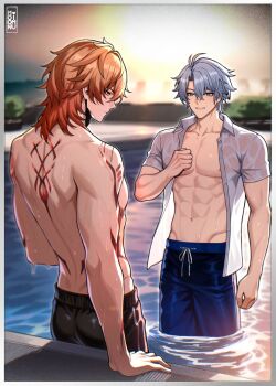 Rule 34 | 2boys, arm tattoo, back tattoo, black male swimwear, blonde hair, blue male swimwear, commentary, cyberpunk (series), cyberpunk 2077, english commentary, gradient hair, grey hair, highres, honkai: star rail, honkai (series), long hair, male focus, male swimwear, moonimu art, multicolored hair, multiple boys, mydei (honkai: star rail), nipples, open clothes, open mouth, open shirt, orange hair, phainon (honkai: star rail), shirt, short hair, smile, tattoo, wet, white shirt