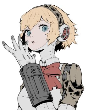 1girl absurdres aigis_(persona) android blonde_hair blue_eyes bow bowtie breasts gold_hairband hairband hand_up highres joints looking_at_viewer medium_breasts open_hand open_mouth persona persona_3 pink_lips portrait red_bow red_bowtie robot_ears robot_joints short_hair simple_background solo tbjj1208 teeth upper_teeth_only white_background