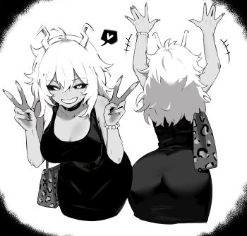 Rule 34 | 1girl, absurdres, arms up, ashido mina, ass, bag, black sclera, boku no hero academia, bracelet, breasts, channyy19, cleavage, collarbone, colored sclera, commentary, cropped legs, crossed bangs, double-parted bangs, double v, dress, english commentary, greyscale, hair between eyes, handbag, heart, highres, horns, jewelry, large breasts, long hair, looking at viewer, monochrome, multiple views, parted lips, pearl bracelet, short dress, smile, spoken heart, v