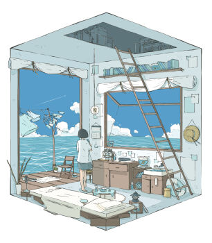 1girl barefoot bed black_hair blue_sky bob_cut book cabinet chair clothes_hanger clothesline cloud commentary_request contrail curtains day diorama doorway drying drying_clothes electric_fan faucet fishbowl folding_chair from_behind frying_pan green_skirt hanging_light hat highres horizon indoors ladder lantern ma_(mamamauuuuu) ocean original pillow plant potted_plant shelf shirt short_hair short_sleeves sink skirt sky slice_of_life solo straw_hat swim_ring unworn_hat unworn_headwear unworn_shirt walking water white_shirt wide_shot