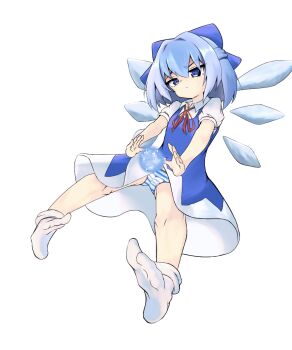 1girl blue_bow blue_dress blue_eyes blue_hair blue_panties bow cirno closed_mouth collared_shirt commentary_request cryokinesis dress flying full_body hair_bow highres ice ice_wings looking_ahead magic no_shoes panties pantyshot shirt short_sleeves simple_background socks solo striped_clothes striped_panties tede touhou underwear white_background white_panties white_shirt white_socks wings