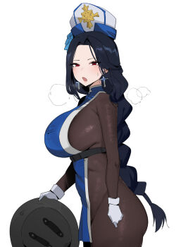 1girl black_hair blue_dress bodystocking braid braided_ponytail breasts breath commentary cross cross_earrings dr_octojuice dress earrings forehead gloves goddess_of_victory:_nikke hat heavy_breathing highres holding holding_shield huge_breasts jewelry long_hair maiden_(ice_rose)_(nikke) maiden_(nikke) open_mouth red_eyes shield simple_background solo standing symbol-only_commentary very_long_hair white_background white_gloves white_hat