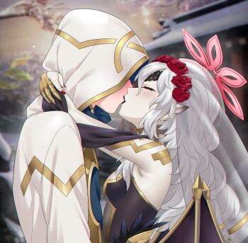 1boy 1girl armpits arms_around_neck bat_girl bat_wings black_dress black_lips blush breasts bridal_veil closed_eyes commentary commission dress embla_(closed-off_bride)_(fire_emblem) embla_(fire_emblem) english_commentary fingerless_gloves fire_emblem fire_emblem_heroes flower gloves gold_trim hair_flower hair_ornament halo hetero highres hooded_robe hug kiran_(fire_emblem) kiss long_hair male_kiran_(fire_emblem) nail_polish nintendo pointy_ears red_halo red_nails redkite333 robe rose small_breasts veil white_hair wings