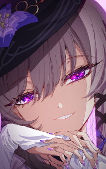 1girl black_hat bridal_gauntlets commentary english_commentary fingernails flower grey_hair hair_between_eyes hat head_tilt herta_(honkai:_star_rail) highres honkai:_star_rail honkai_(series) long_hair looking_at_viewer nail_polish own_hands_together parted_lips portrait purple_background purple_eyes purple_flower purple_nails rayno simple_background smile solo swept_bangs the_herta_(honkai:_star_rail) white_bridal_gauntlets