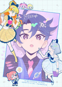 1boy 5girls :d :o :p ahoge aozora_himari badge black_shirt blonde_hair blue_boots blue_bow blue_dress blue_eyes blue_hair blue_outline blue_shirt blue_skirt blue_vest blush_stickers book boots bow bowtie bracelet brown_shoes chibi clenched_hand commentary_request cover cropped_shirt dot_nose dress dress_bow english_text frilled_dress frills furrowed_brow green_eyes grey_hair hair_between_eyes hair_bow hair_bun hair_ornament hairclip hand_mirror hand_up hands_on_own_cheeks hands_on_own_face hands_up head_rest himitsu_no_aipri holding holding_book holding_mirror hoshikawa_mitsuki igarashi_julia index_finger_raised jewelry legs_apart long_hair looking_at_another looking_at_viewer makeup_brush medium_dress medium_hair midriff mirror multicolored_hair multiple_girls nanaura_otome nanaura_subaru navel no_pupils open_mouth orange_hair oshiri_(o4ritarou) outline paradise_private_academy_school_uniform parted_bangs pink_bow pink_bowtie pink_hair pointing pointing_at_another ponytail pretty_series puffy_short_sleeves puffy_sleeves purple_eyes rokudou_elle school_uniform shirt shoes short_hair short_sleeves skirt smile sparkling_eyes speech_bubble standing standing_on_one_leg star-shaped_pupils star_(symbol) straight_hair symbol-shaped_pupils tongue tongue_out twintails two-tone_hair vest yellow_boots yellow_bow yellow_pupils yellow_shirt yellow_skirt